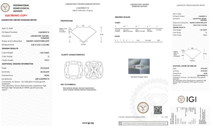 IGI gecertificeerd 1,00 CT Cushion Cut Lab Gegroeide diamant - D kleur, VVS2 Clarity