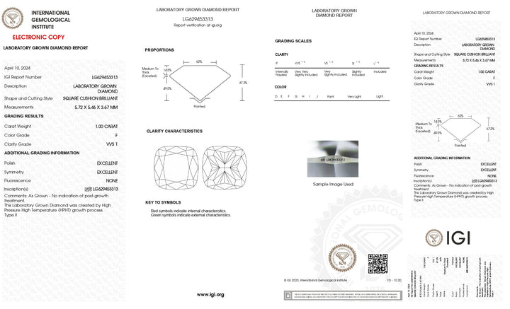 IGI gecertificeerd 1,00 CT Cushion Cut Lab Gegroeide diamant - F kleur, VVS1 Clarity
