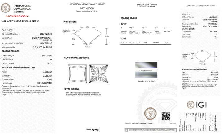 IGI gecertificeerd 1,51 CT Princess Cut Lab Gegroeide diamant - VS1 Clarity, D Color