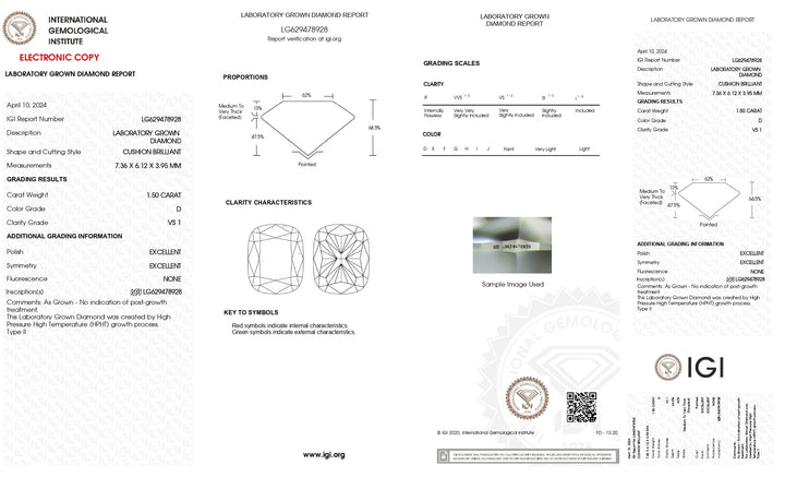 IGI Certified 1.50 CT Long Cushion Cut Lab-Grown Diamond - D Color, VS1 Clarity