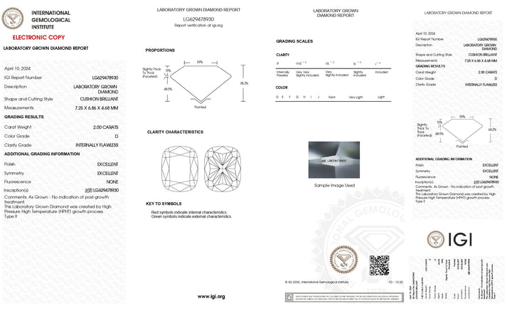 IGI -sertifisert 2,00 CT Cushion Lab -dyrket diamant - D -farge, internt feilfri