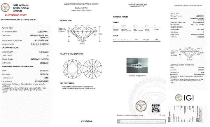 IGI Certifié 1,50 CT Round Diamond cultivé en laboratoire - D Couleur, sans faille en interne