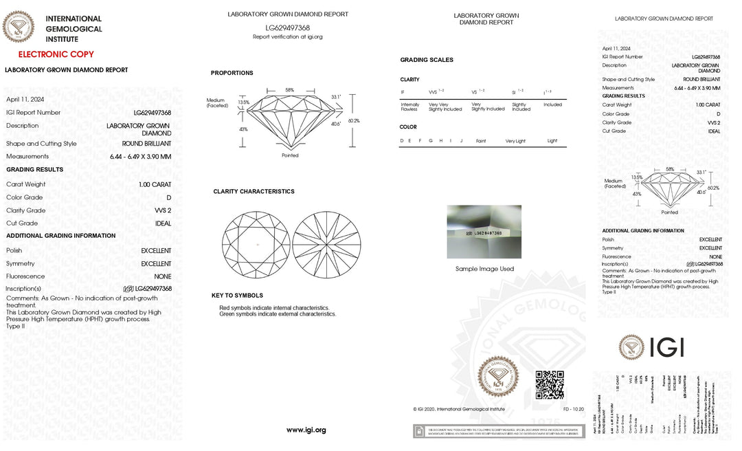 IGI Certified 1.00 CT Round Cut Lab Grown Diamond - VVS2 Clarity, D Color