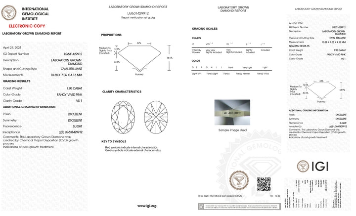 IGI gecertificeerd 1,90 CT Oval Cut Lab Gegroeide diamant, Fancy Vivid Pink Color, VS1 Clarity