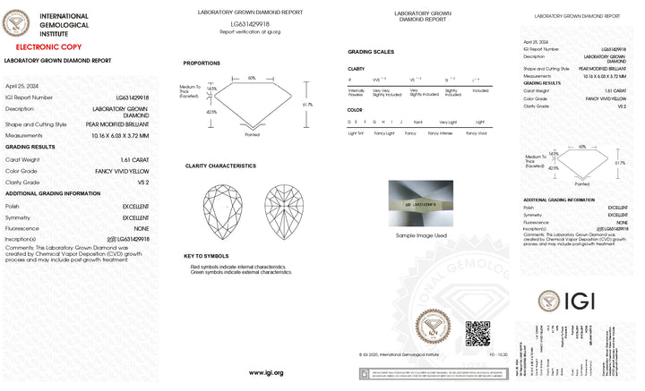 IGI gecertificeerd 1,61 CT Pear Cut Lab Gegroeide diamant, fancy levendige gele kleur, VS2 Clarity