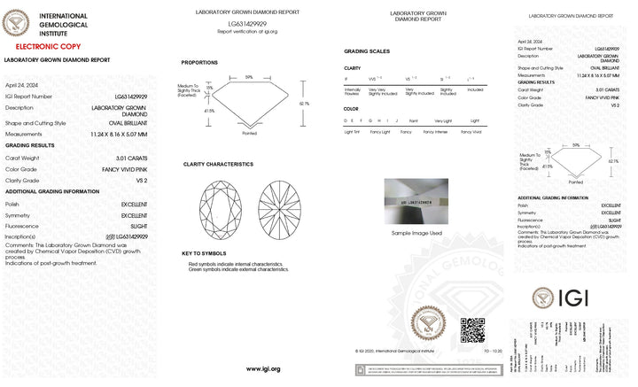 IGI Certified 3.01 CT Oval Cut Lab-pěstovaný diamant | Fancy Vivid Pink Color | Vs2 jasnost