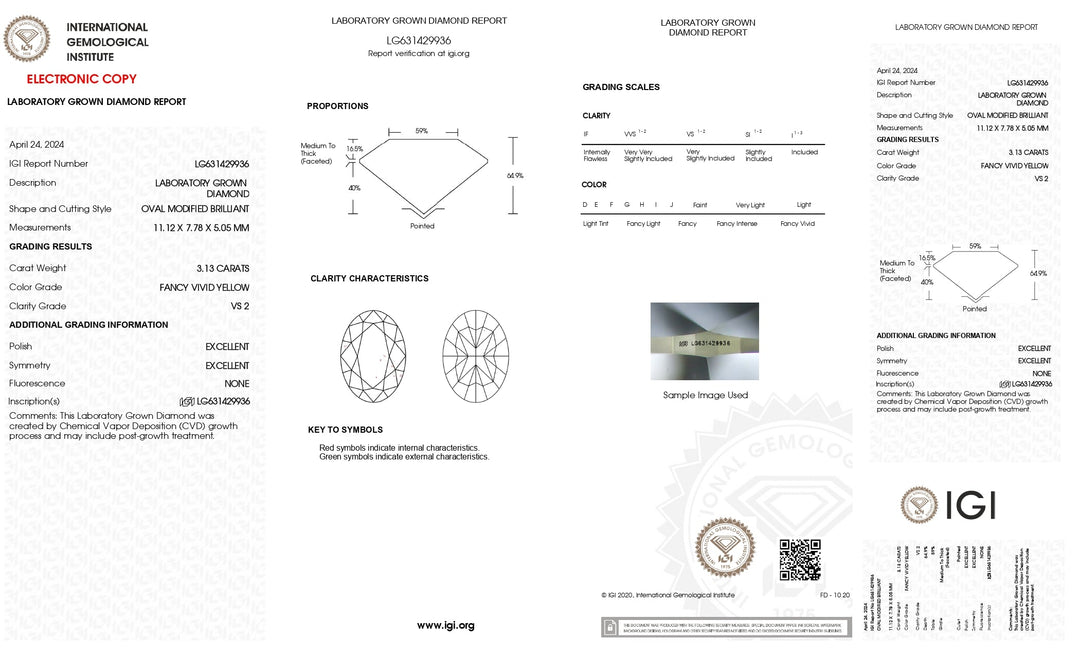 3.13 CT IGI Certified Oval Cut Lab-pěstovaný diamant | Fancy Vivid Yellow Color | Vs2 jasnost
