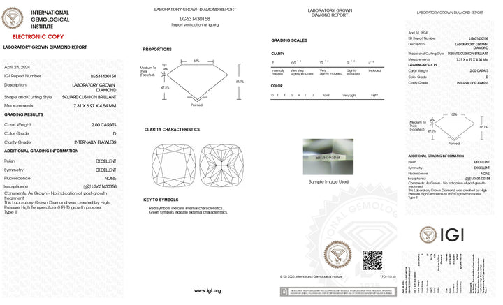 IGI -sertifisert 2,00 CT Cushion Lab -dyrket diamant - D -farge, internt feilfri