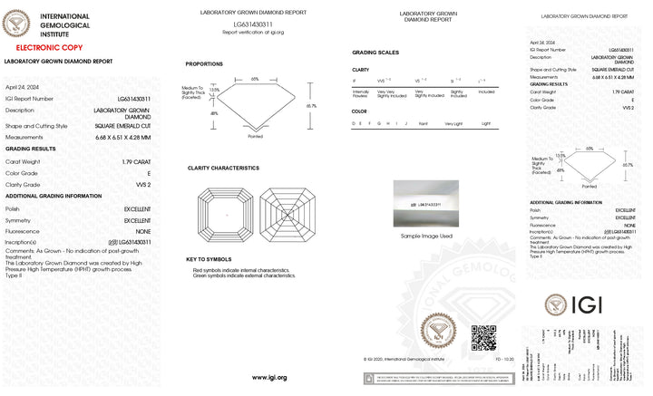 IGI certifié 1,79 ct carré émeraude coupé en laboratoire diamant - vvs2, e couleur
