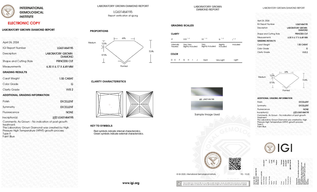 IGI gecertificeerd 1,55 CT Princess Cut Lab Gegroeide diamant - VVS2 Clarity, G Color