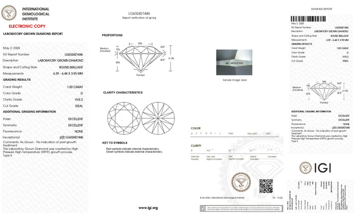 IGI Certified 1.00 CT Round Lab Grown Diamond: D Color, VVS2 Clarity