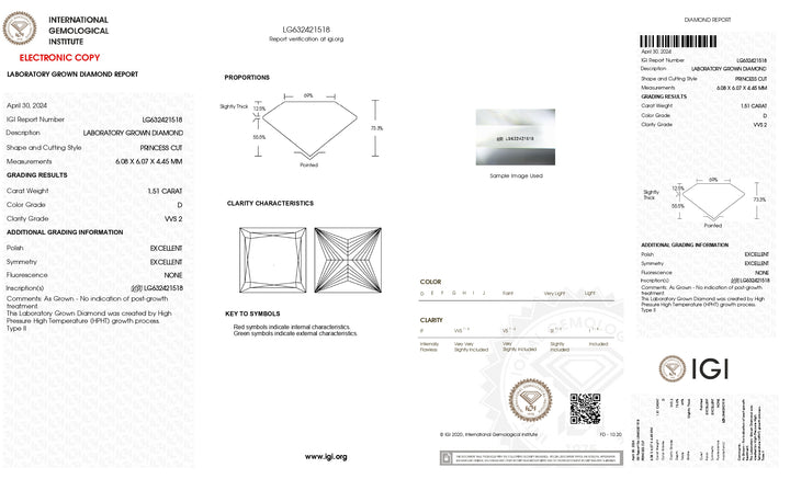 IGI gecertificeerd 1,51 CT Princess Cut Lab Gegroeide diamant - VVS2 Clarity, D Color
