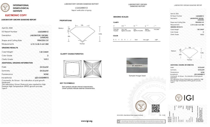 Majestic 1,50 CT Princess Lab Grown Diamond - IGI Certified, VVS2 Clarity, D Color