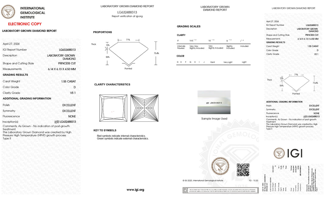 IGI gecertificeerd 1,55 CT Princess Cut Lab Gegroeide diamant - VS1 Clarity, D Color