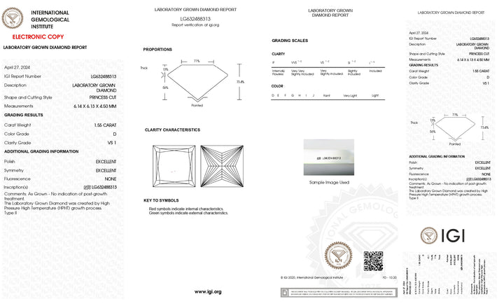 IGI gecertificeerd 1,55 CT Princess Cut Lab Gegroeide diamant - VS1 Clarity, D Color