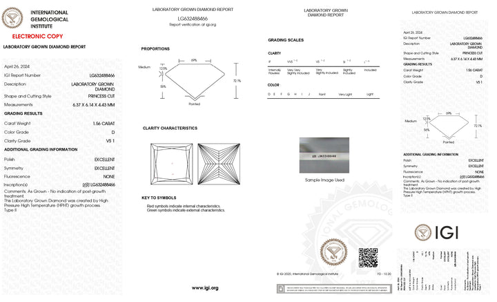 IGI gecertificeerd 1,56 CT Princess Cut Lab Gegroeide diamant - VS1 Clarity, D Color