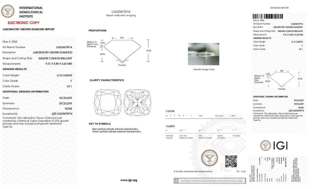 IGI certifié 4.10 ct coussin coupé en laboratoire Diamond - VS1 Clarity, F couleur