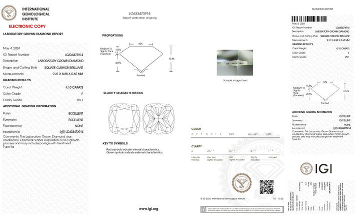 IGI certifié 4.10 ct coussin coupé en laboratoire Diamond - VS1 Clarity, F couleur
