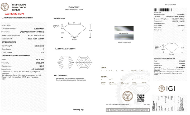 IGI Certified 2.05 CT LAB GROWN DAIMOND ، CUT HEXAGONAL ، E COLOR ، VS1 Clarity