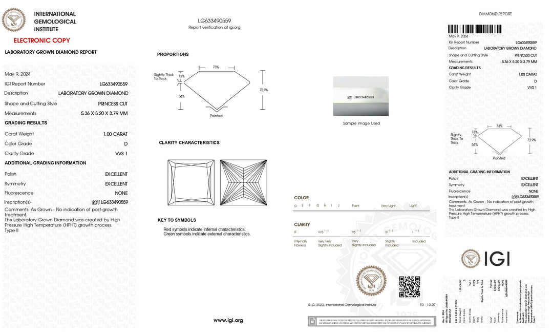 Zarif 1.00 CT Prenses Laboratuar Grown Diamond - IGI Sertifikalı, VVS1 Clarity, D Renk