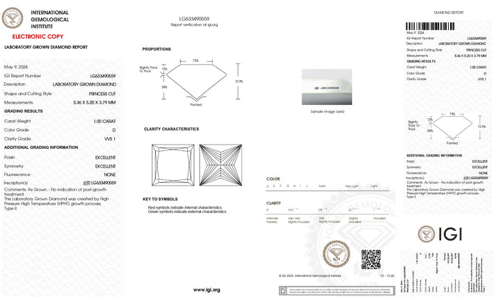 Zarif 1.00 CT Prenses Laboratuar Grown Diamond - IGI Sertifikalı, VVS1 Clarity, D Renk