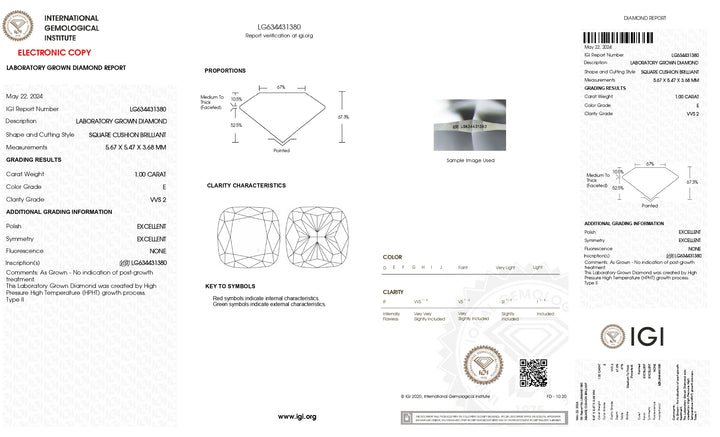 IGI -sertifisert 1,00 CT Cushion Lab -dyrket diamant - E -farge, VVS2 klarhet, utmerket kutt