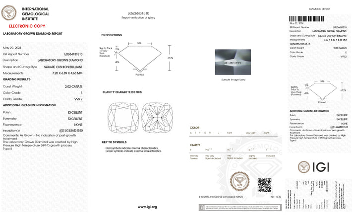 IGI Sertifikalı 2.02 CT Yastık Kesme Laboratuar Grubu Elmas-VVS2 Clarity, E Renk