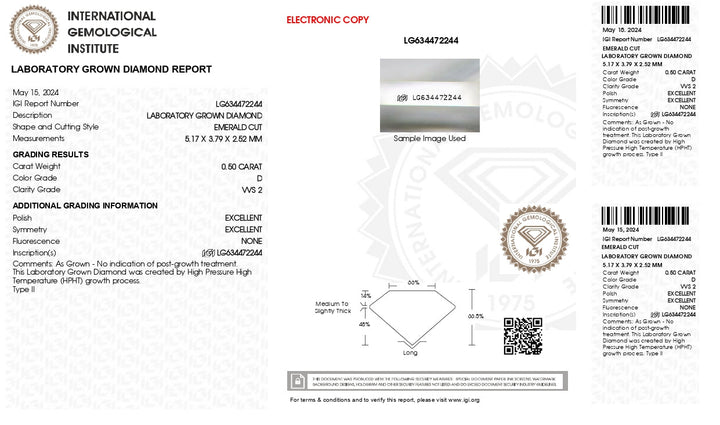 IGI Certified 0.50 CT Emerald Cut Lab-Grown Diamond (VVS2, D Color)