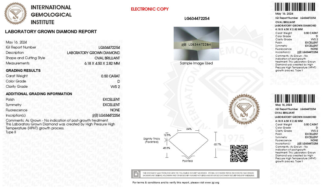 IGI Certified 0.50 CT Oval Lab Grown Diamond - D Color, VVS2 Clarity
