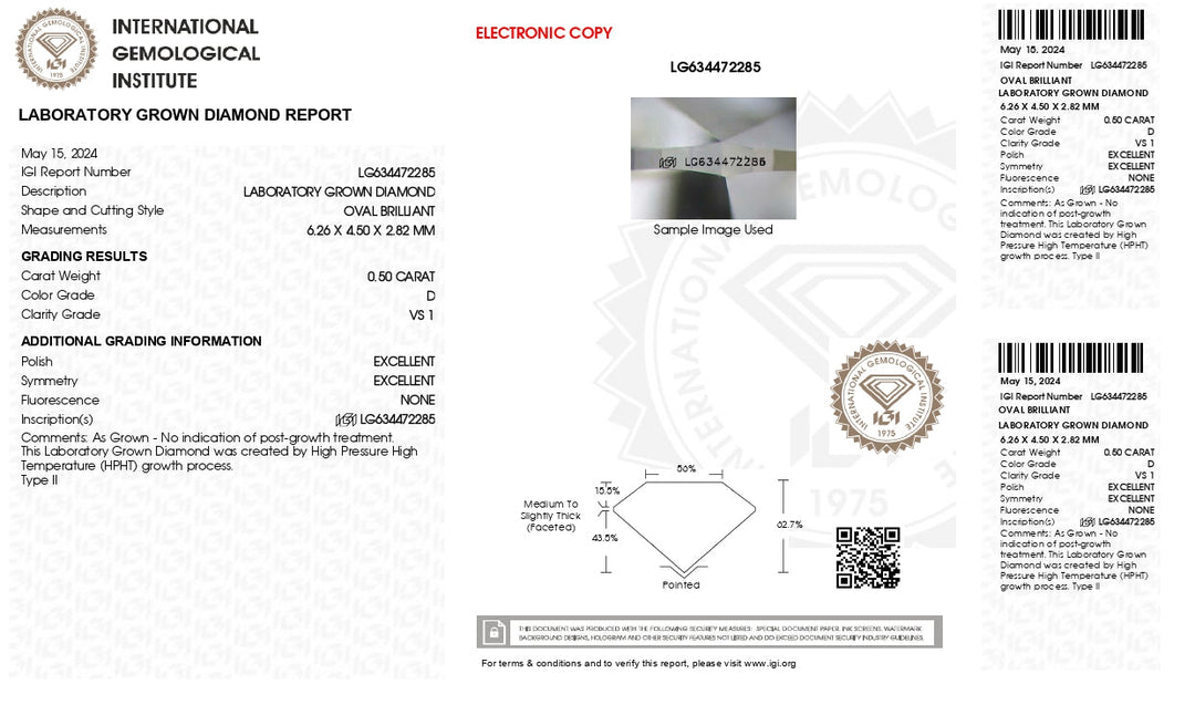 Menawan 0,50 ct oval lab grown Diamond - IGI Certified, memikat kejelasan VS1, warna D yang mempesona