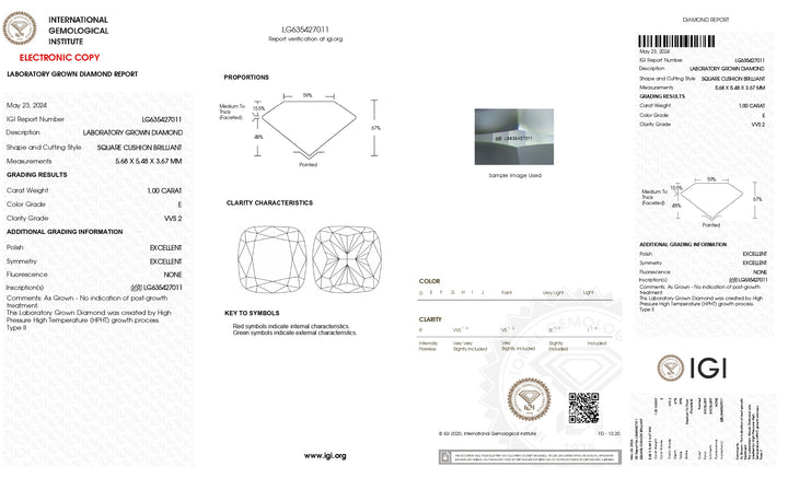 IGI-sertifisert 1,00 CT Cushion-Cut HPHT Lab-dyrket diamant-VVS2 klarhet, E-farge