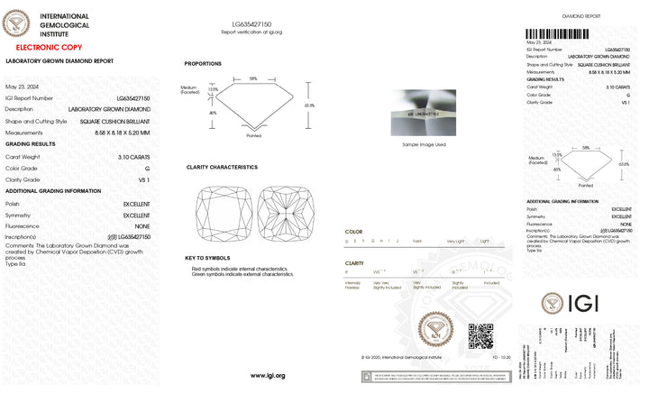 IGI Sertifikalı 3.10 CT Yastık Kesme Laboratuar Grubu Elmas-G Renk, VS1 Clarity