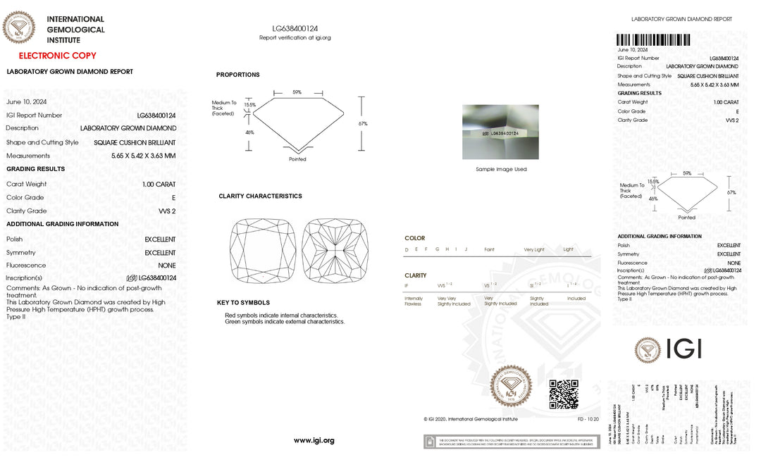 IGI-sertifisert 1,00 CT Cushion-Cut Lab-dyrket diamant-VVS2 klarhet, e farge, utmerket polsk