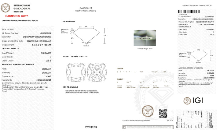 IGI-sertifisert 1,00 CT Cushion-Cut Lab-dyrket diamant-VVS2 klarhet, e farge, utmerket polsk