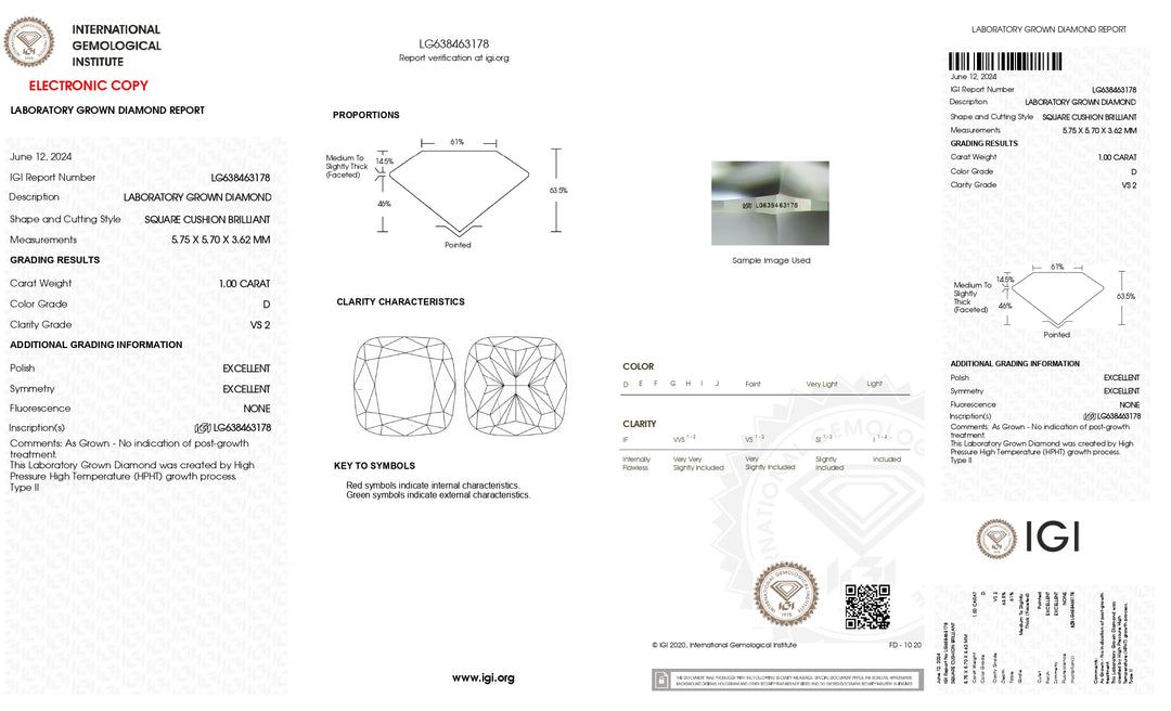 IGI -sertifisert 1,00 CT Cushion Lab -dyrket diamant - D Farge, VS2 klarhet, utmerket kutt