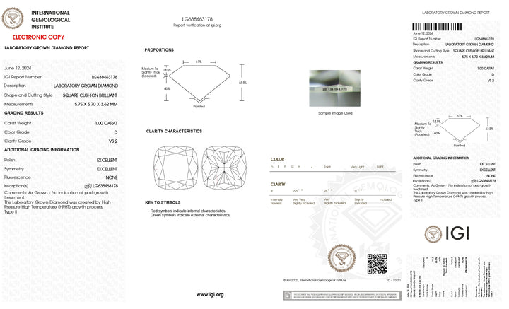 IGI -sertifisert 1,00 CT Cushion Lab -dyrket diamant - D Farge, VS2 klarhet, utmerket kutt