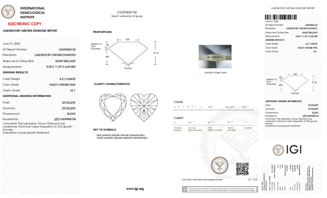 IGI Certifié 4,21 CT Heart Cut Diamond cultivé en laboratoire - Fancy intense rose, vs1 Clarity