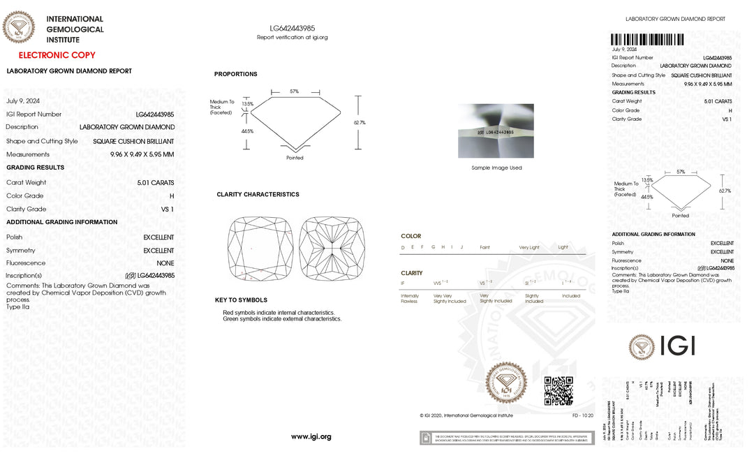 IGI Sertifikalı 5.01 CT Yastık Kesme Laboratuar Grubu Elmas-H Renk, VS1 Clarity