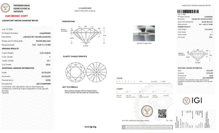 IGI Sertifikalı 2.25 Karat Yuvarlak Laboratuvarlı Elmas - VS1 Clarity, F Renk, İdeal Kesim