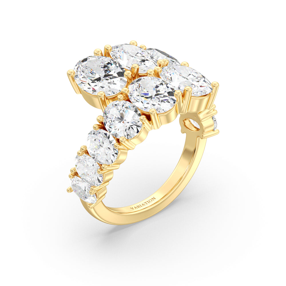 6 CTW Lab-Grown Oval Diamond Bypass Ring in 18K Yellow Gold featuring 12 prong-set EF/VS oval-cut diamonds in a graduated design