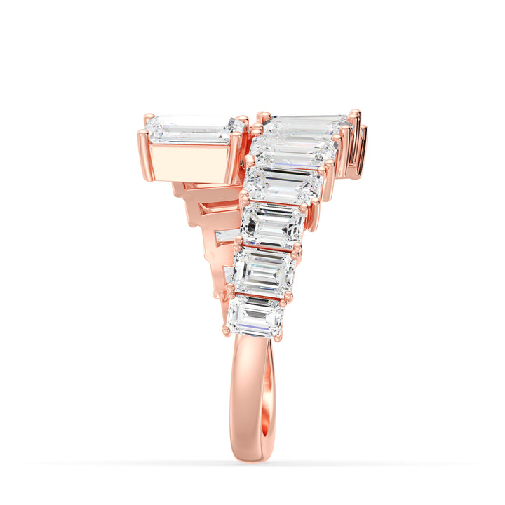 6 CTW Lab Grown Emerald-Cut Diamond Bypass Ring in 18K Rose Gold featuring 14 EF/VS clarity lab-grown diamonds in a graceful graduated bypass setting