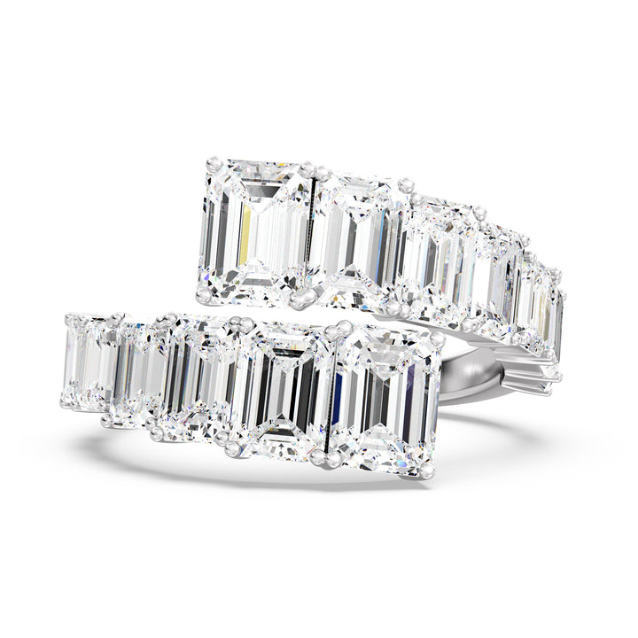 6 CTW Lab Grown Emerald-Cut Diamond Bypass Ring in 18K White Gold with 14 prong-set EF/VS clarity lab-grown diamonds in a modern graduated style