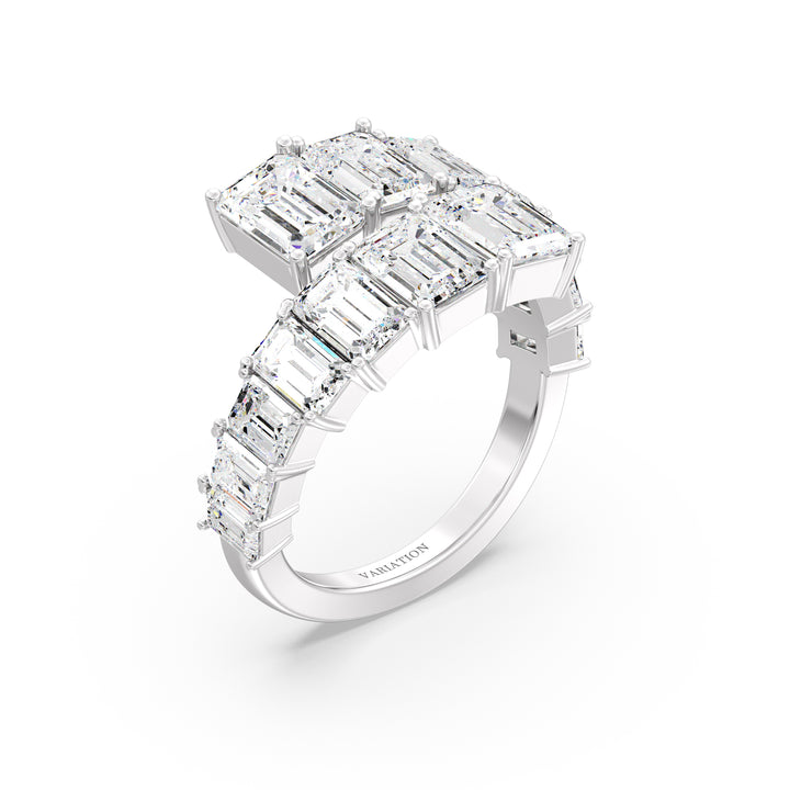 6 CTW Lab Grown Emerald-Cut Diamond Bypass Ring in 18K White Gold with 14 prong-set EF/VS clarity lab-grown diamonds in a modern graduated style