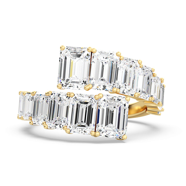 6 CTW Lab Grown Emerald-Cut Diamond Bypass Ring in 18K Yellow Gold with 14 EF/VS clarity prong-set diamonds in a graduated design