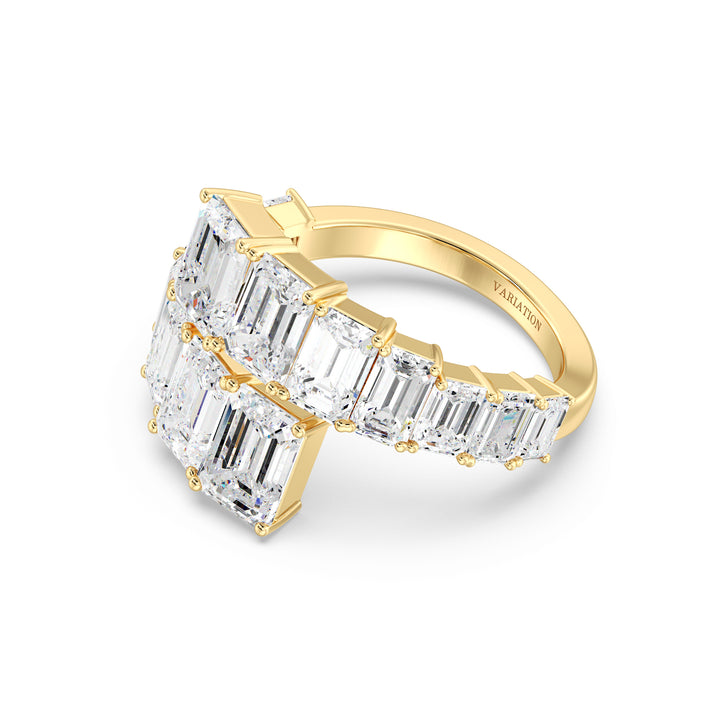 6 CTW Lab Grown Emerald-Cut Diamond Bypass Ring in 18K Yellow Gold with 14 EF/VS clarity prong-set diamonds in a graduated design