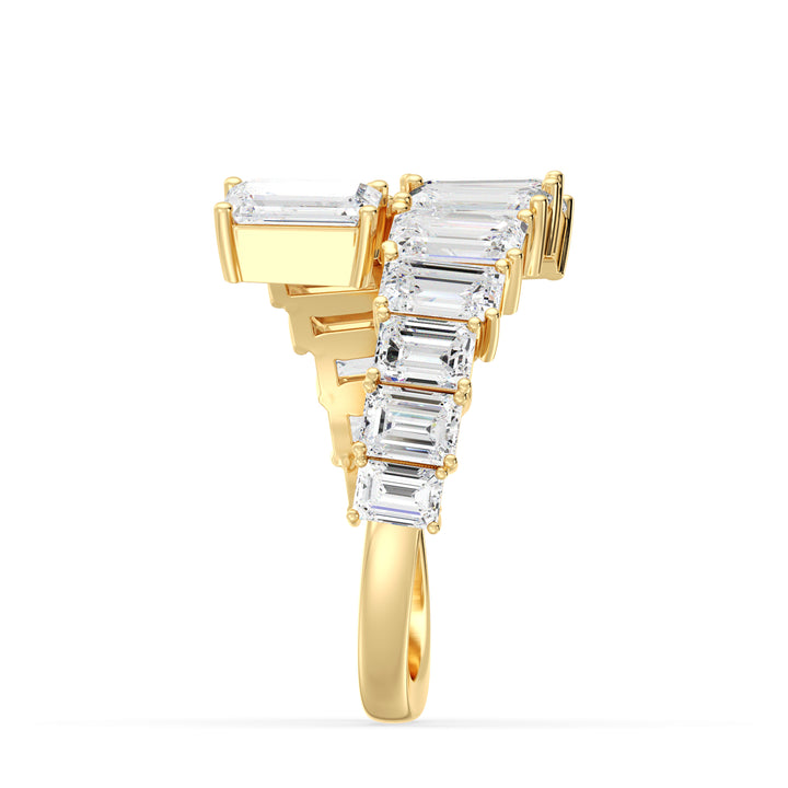 6 CTW Lab Grown Emerald-Cut Diamond Bypass Ring in 18K Yellow Gold with 14 EF/VS clarity prong-set diamonds in a graduated design