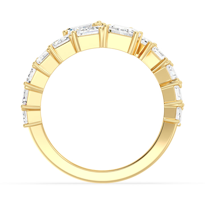 6 CTW Lab Grown Emerald-Cut Diamond Bypass Ring in 18K Yellow Gold with 14 EF/VS clarity prong-set diamonds in a graduated design