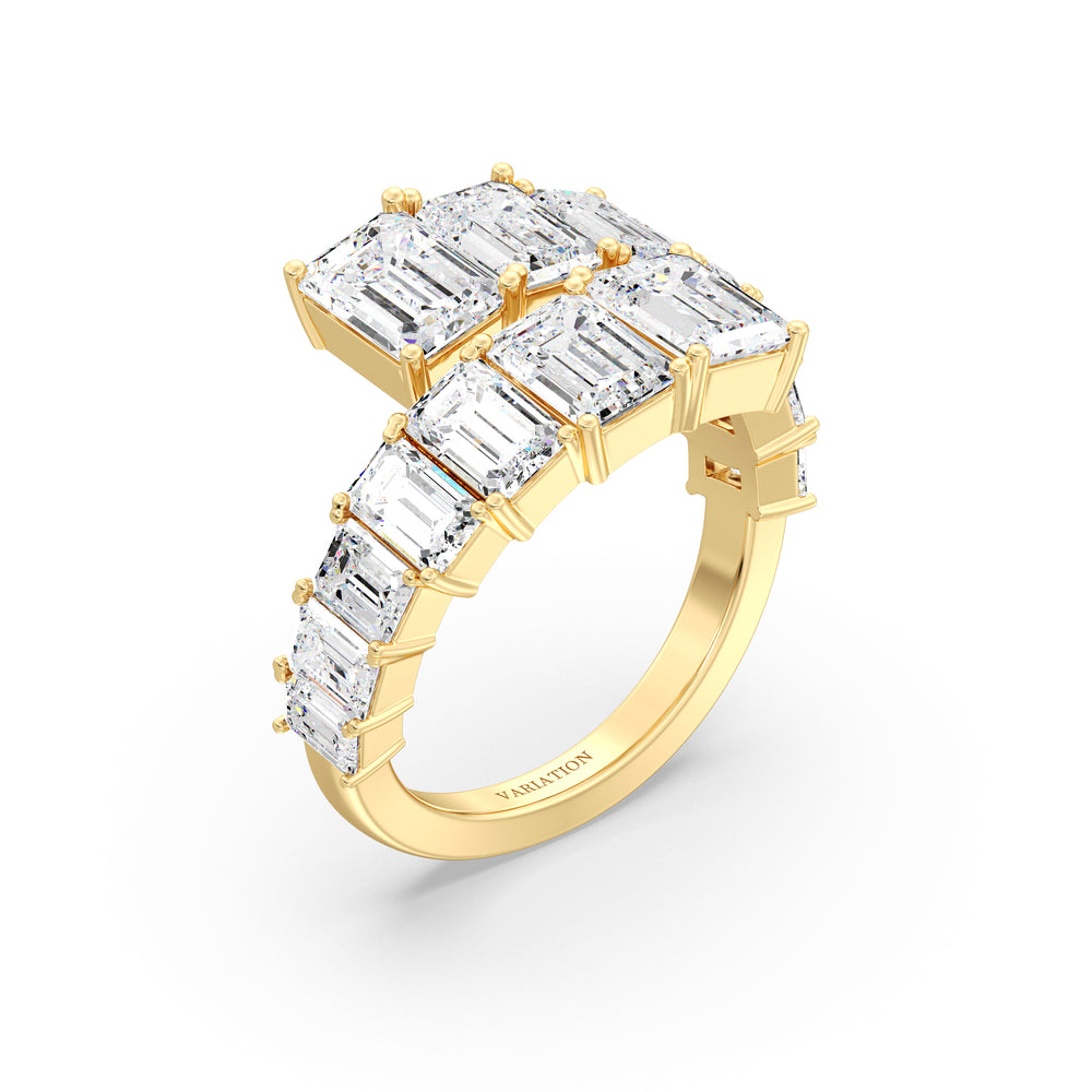 6 CTW Lab Grown Emerald-Cut Diamond Bypass Ring in 18K Yellow Gold with 14 EF/VS clarity prong-set diamonds in a graduated design