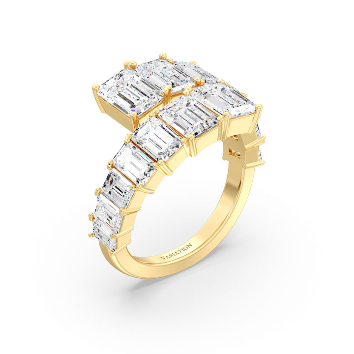 6 CTW Lab Grown Emerald-Cut Diamond Bypass Ring in 18K Yellow Gold with 14 EF/VS clarity prong-set diamonds in a graduated design