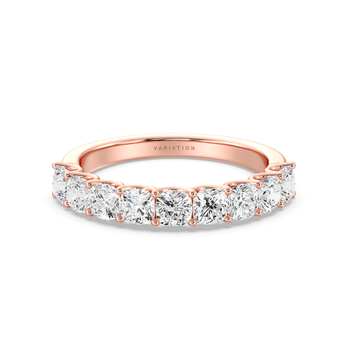 Image of a 9-stone cushion-cut lab-grown diamond scallop half-eternity wedding ring in 18K rose gold, featuring nine secure, low-profile prong-set diamonds
